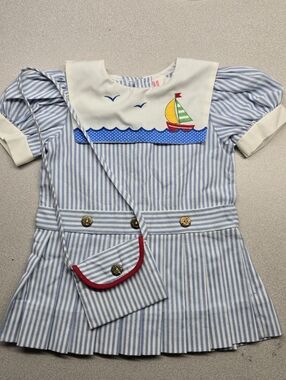 Baby Girl Sailor Dress 24M Blue Stripe Nautical Outfit w Bag Cute